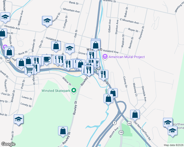 map of restaurants, bars, coffee shops, grocery stores, and more near 64 Main Street in Winchester