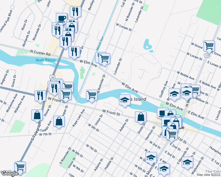 map of restaurants, bars, coffee shops, grocery stores, and more near 30 Virginia Drive in Monroe