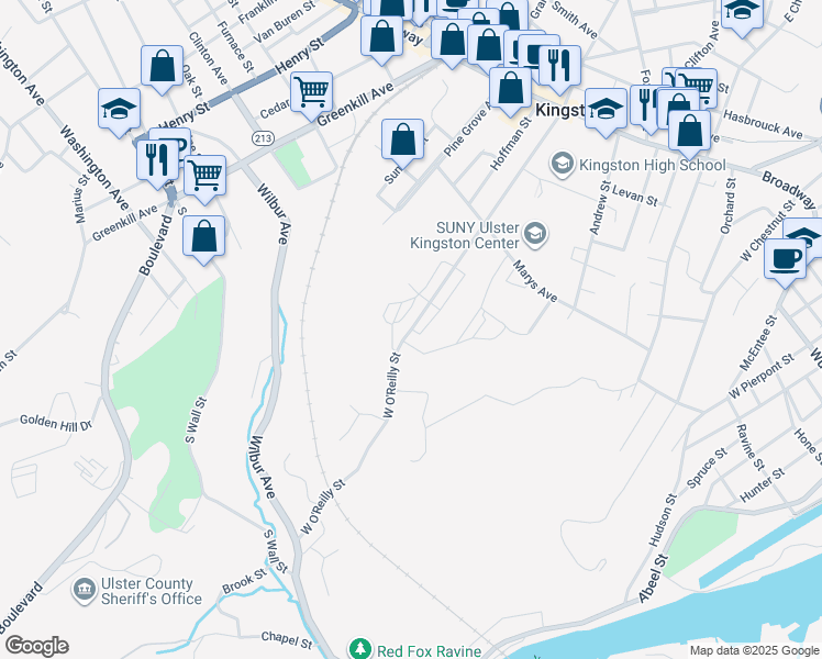 map of restaurants, bars, coffee shops, grocery stores, and more near 151 West O'Reilly Street in Kingston