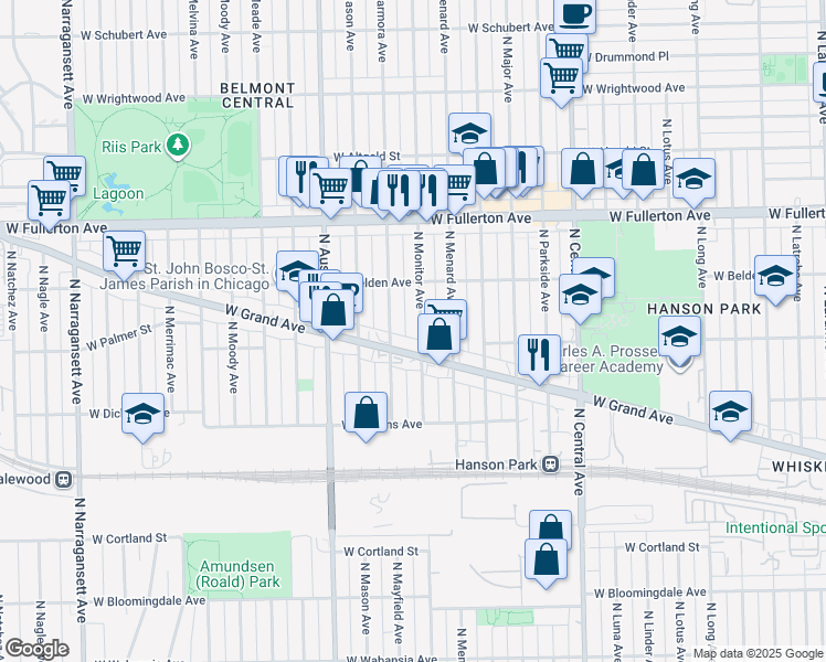 map of restaurants, bars, coffee shops, grocery stores, and more near 2224 North Monitor Avenue in Chicago