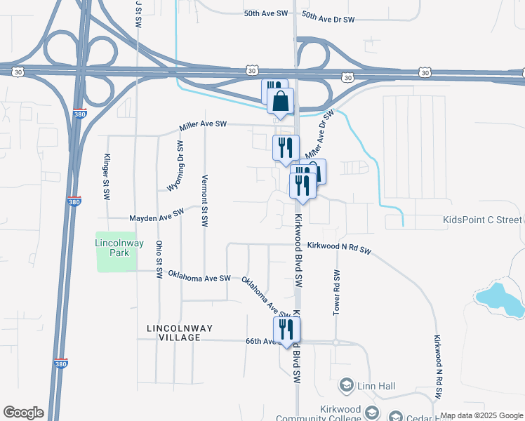 map of restaurants, bars, coffee shops, grocery stores, and more near 5480 Kirkwood Boulevard Southwest in Cedar Rapids