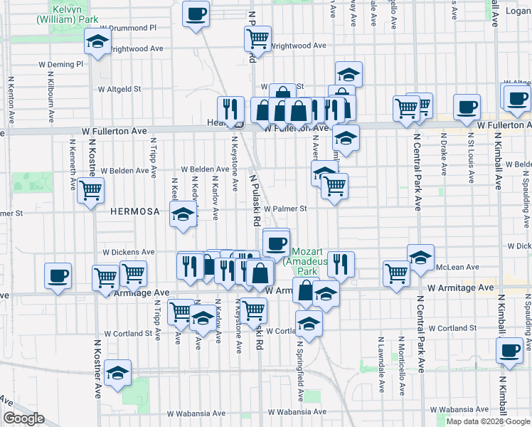 map of restaurants, bars, coffee shops, grocery stores, and more near 3952 West Shakespeare Avenue in Chicago