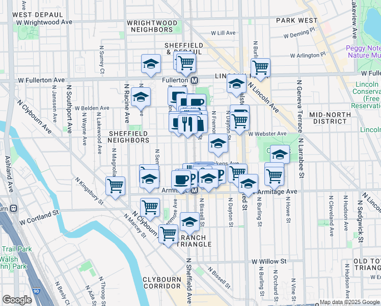map of restaurants, bars, coffee shops, grocery stores, and more near 2116 North Bissell Street in Chicago