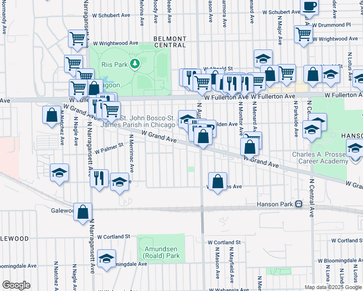 map of restaurants, bars, coffee shops, grocery stores, and more near 6045 West Grand Avenue in Chicago