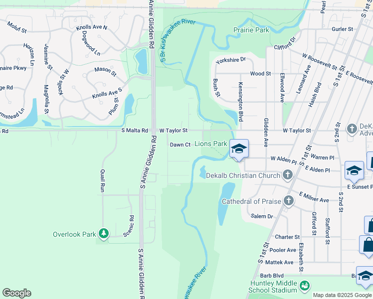 map of restaurants, bars, coffee shops, grocery stores, and more near 830 Dawn Court in DeKalb
