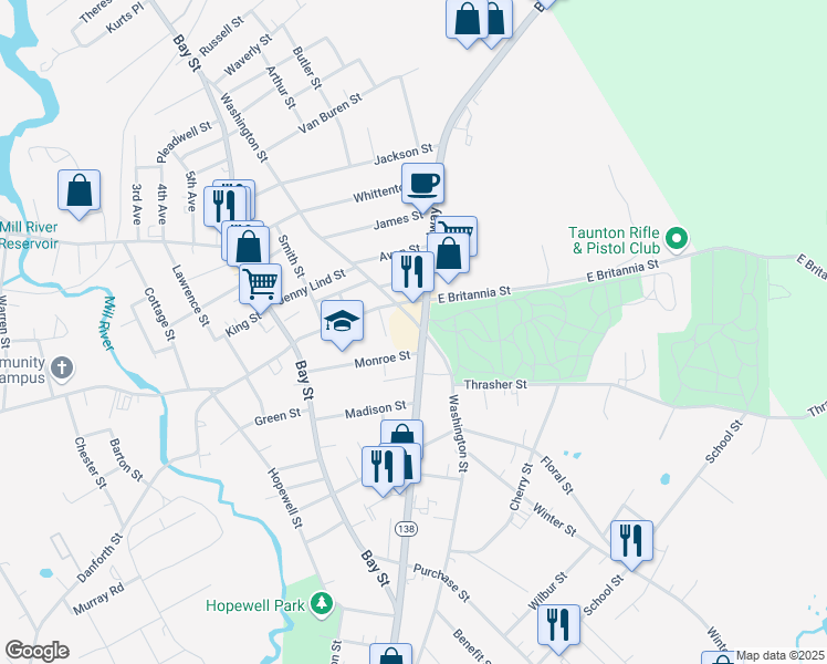 map of restaurants, bars, coffee shops, grocery stores, and more near 226 Broadway in Taunton