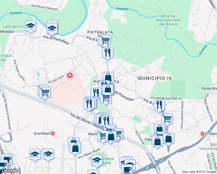 map of restaurants, bars, coffee shops, grocery stores, and more near 320A Via di Pietralata in Roma