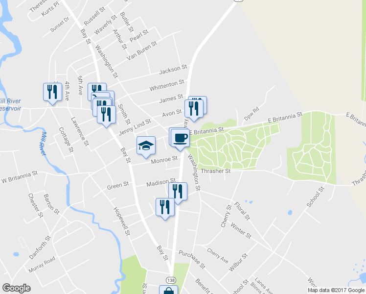 map of restaurants, bars, coffee shops, grocery stores, and more near Broadway & Washington St in Taunton
