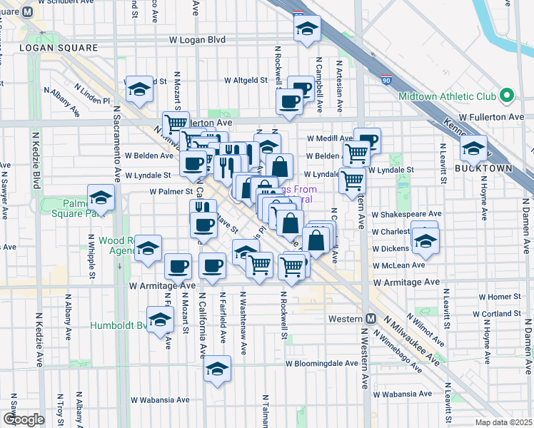 map of restaurants, bars, coffee shops, grocery stores, and more near 2138 North Rockwell Street in Chicago
