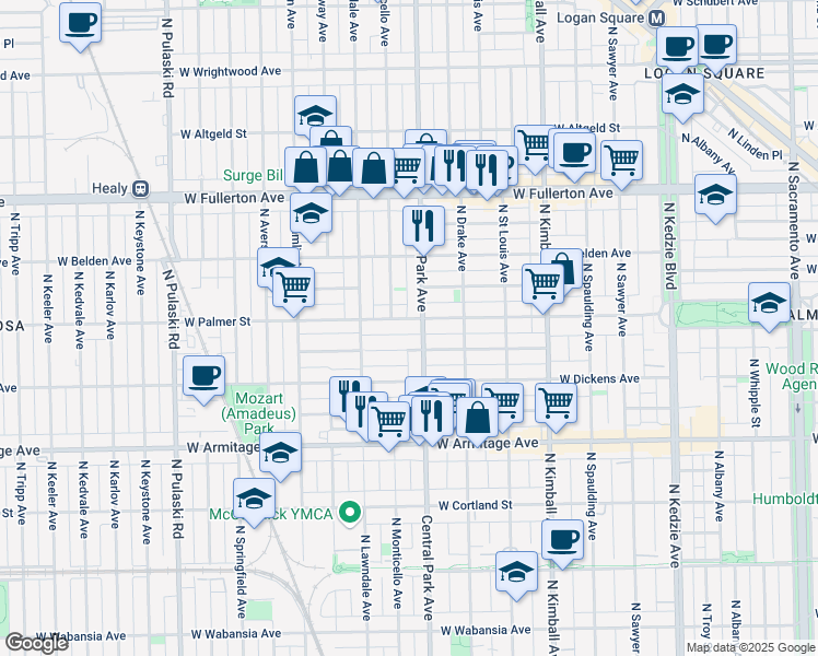 map of restaurants, bars, coffee shops, grocery stores, and more near 2148 North Central Park Avenue in Chicago