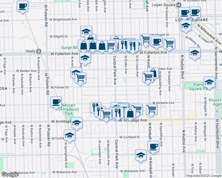map of restaurants, bars, coffee shops, grocery stores, and more near 2148 North Central Park Avenue in Chicago