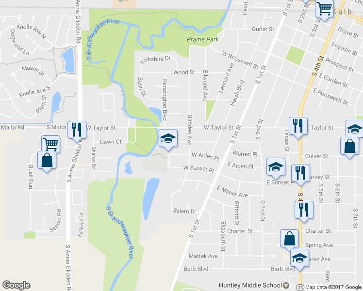 map of restaurants, bars, coffee shops, grocery stores, and more near 410 Gayle Avenue in DeKalb