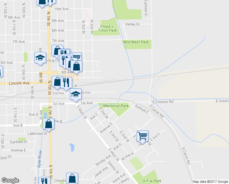 map of restaurants, bars, coffee shops, grocery stores, and more near 100 2nd Avenue in Rochelle