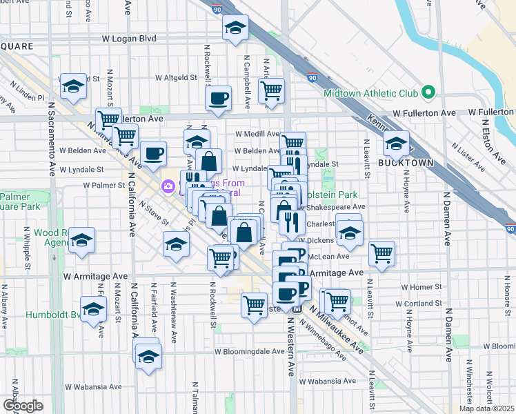 map of restaurants, bars, coffee shops, grocery stores, and more near 2122 North Campbell Avenue in Chicago