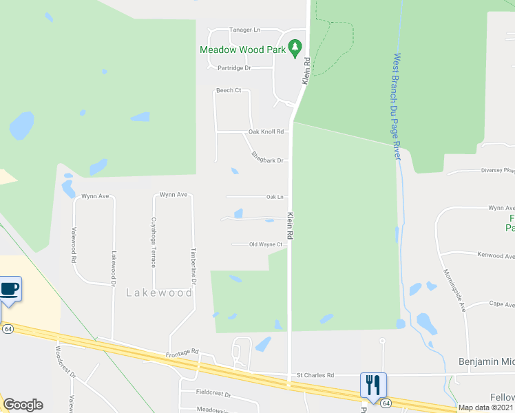 map of restaurants, bars, coffee shops, grocery stores, and more near 29W275 Oak Lane in West Chicago