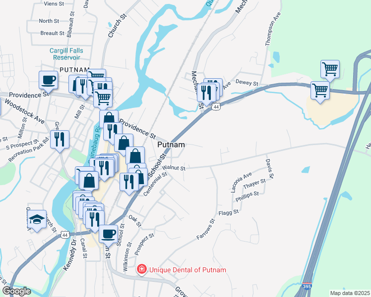 map of restaurants, bars, coffee shops, grocery stores, and more near 35 Market Street in Putnam