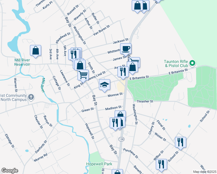 map of restaurants, bars, coffee shops, grocery stores, and more near 15 East Britannia Street in Taunton