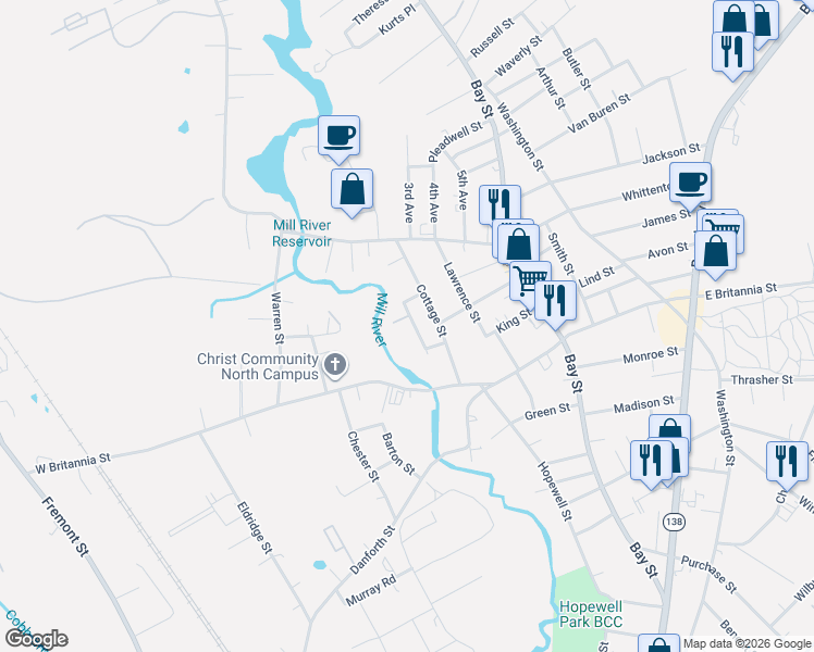 map of restaurants, bars, coffee shops, grocery stores, and more near 7 Meadow Street in Taunton