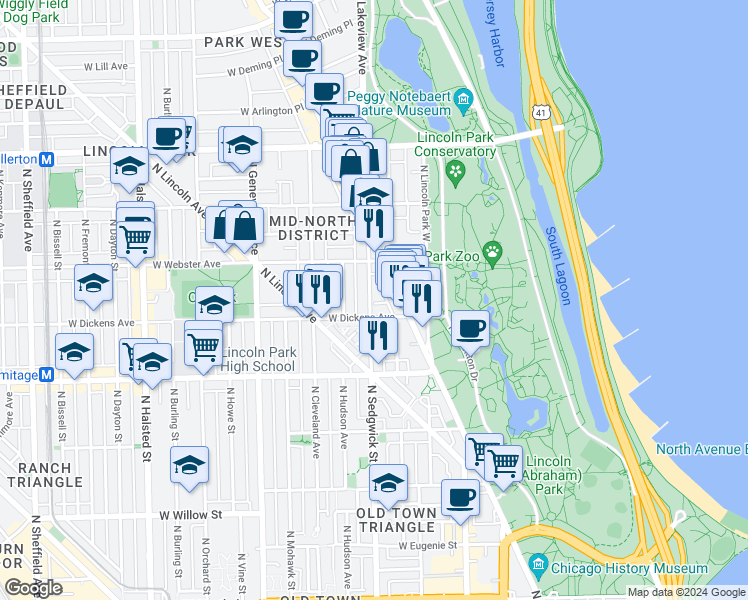 map of restaurants, bars, coffee shops, grocery stores, and more near 2114 North Sedgwick Street in Chicago