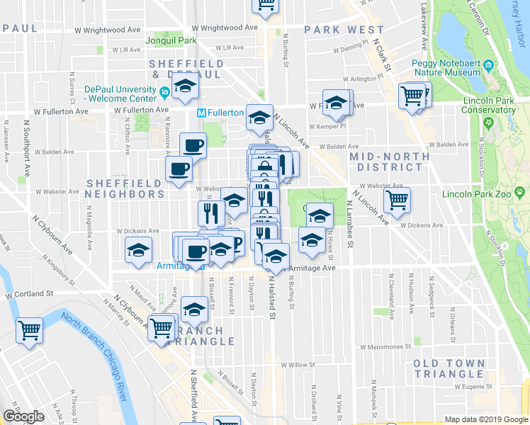 map of restaurants, bars, coffee shops, grocery stores, and more near 2115 North Dayton Street in Chicago