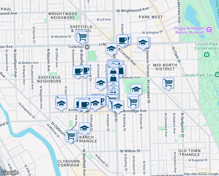 map of restaurants, bars, coffee shops, grocery stores, and more near 2115 North Dayton Street in Chicago