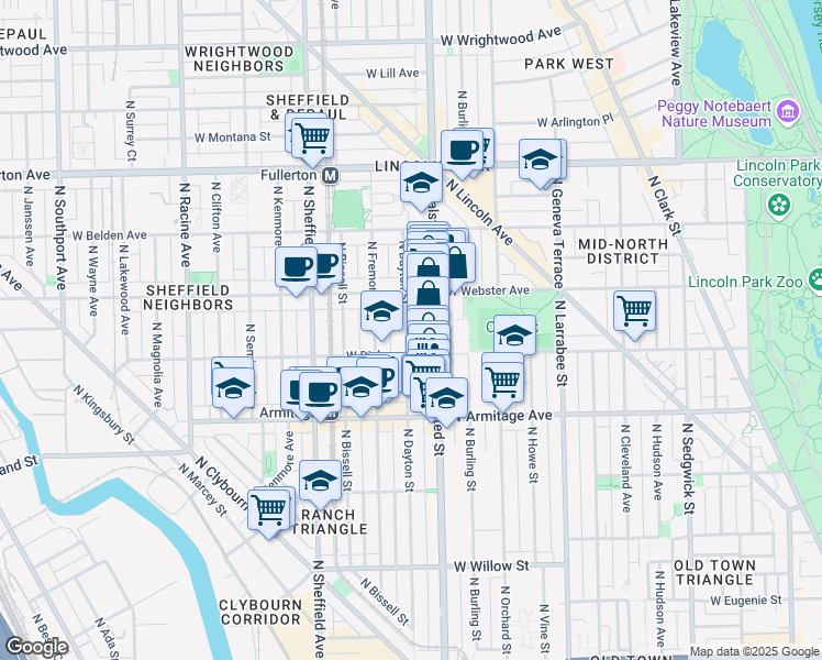 map of restaurants, bars, coffee shops, grocery stores, and more near 2115 North Dayton Street in Chicago
