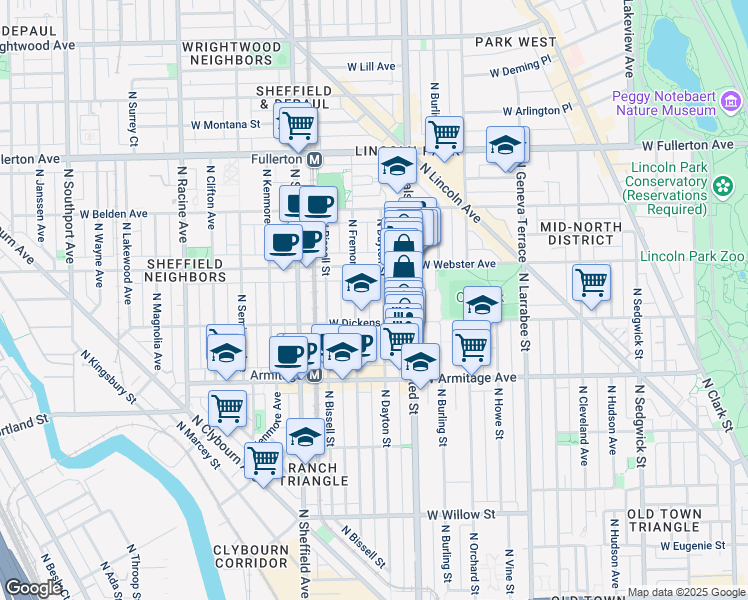 map of restaurants, bars, coffee shops, grocery stores, and more near 2115 North Dayton Street in Chicago