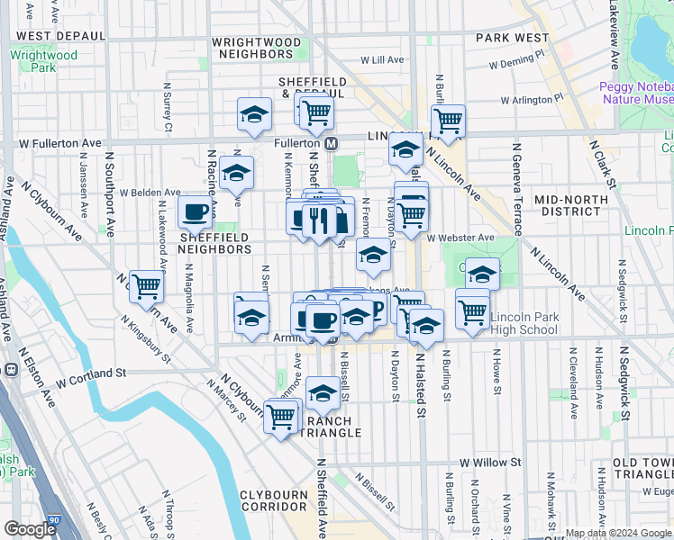 map of restaurants, bars, coffee shops, grocery stores, and more near 2116 North Bissell Street in Chicago
