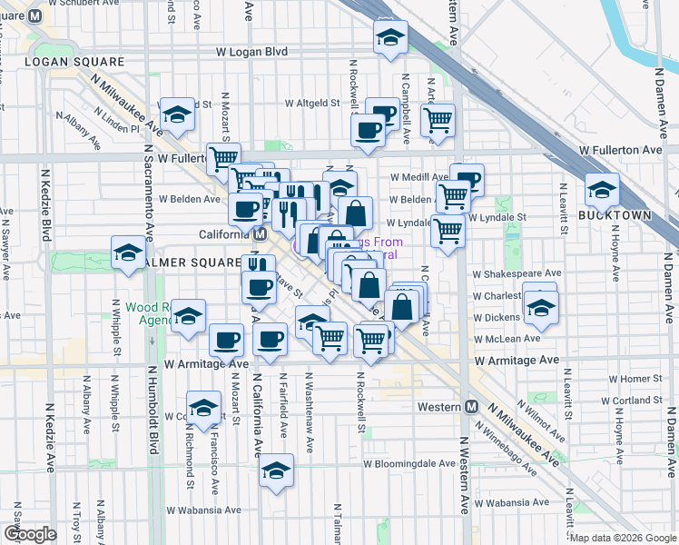 map of restaurants, bars, coffee shops, grocery stores, and more near 2138 North Rockwell Street in Chicago