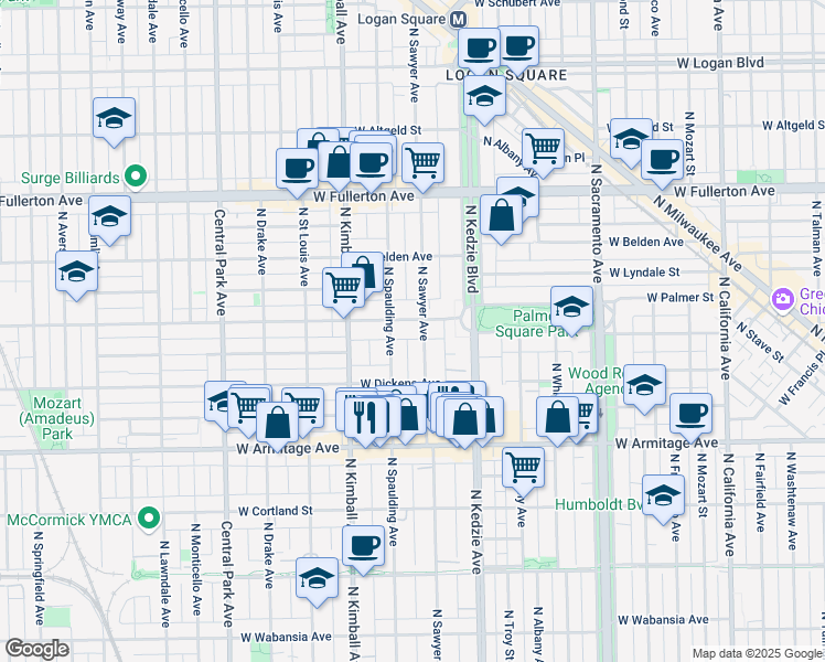 map of restaurants, bars, coffee shops, grocery stores, and more near 2136 North Sawyer Avenue in Chicago
