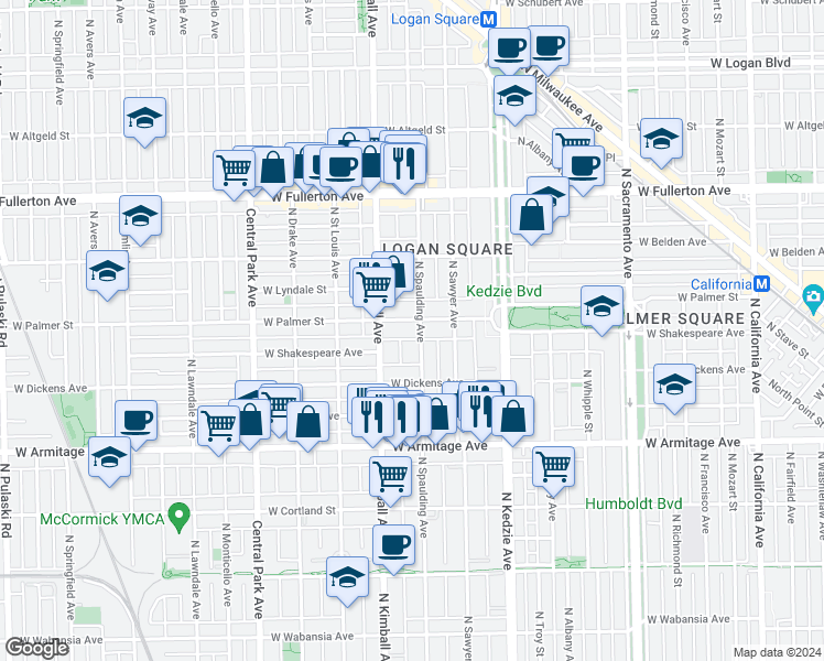map of restaurants, bars, coffee shops, grocery stores, and more near 2150 North Spaulding Avenue in Chicago