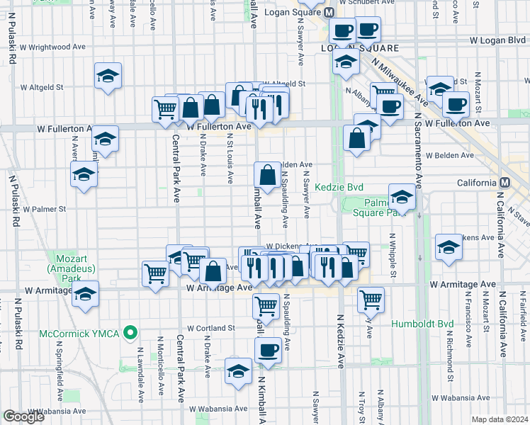 map of restaurants, bars, coffee shops, grocery stores, and more near 2150 North Spaulding Avenue in Chicago