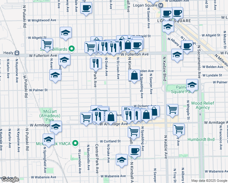 map of restaurants, bars, coffee shops, grocery stores, and more near 3508 West Shakespeare Avenue in Chicago