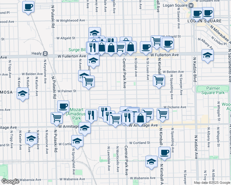 map of restaurants, bars, coffee shops, grocery stores, and more near 3638 West Shakespeare Avenue in Chicago