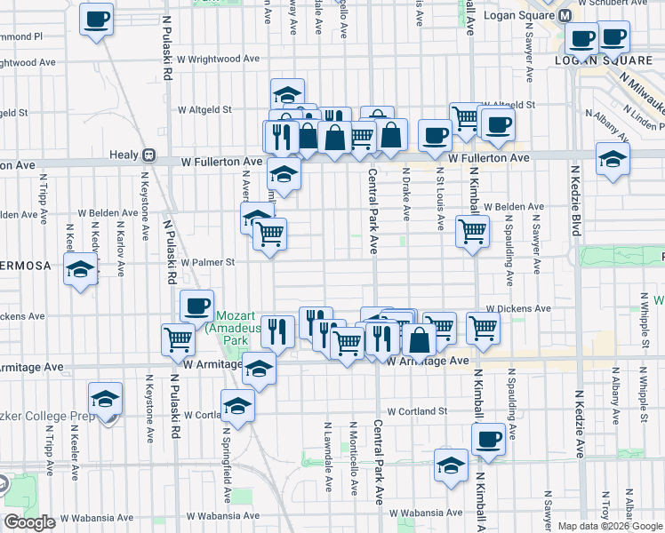 map of restaurants, bars, coffee shops, grocery stores, and more near 3638 West Shakespeare Avenue in Chicago