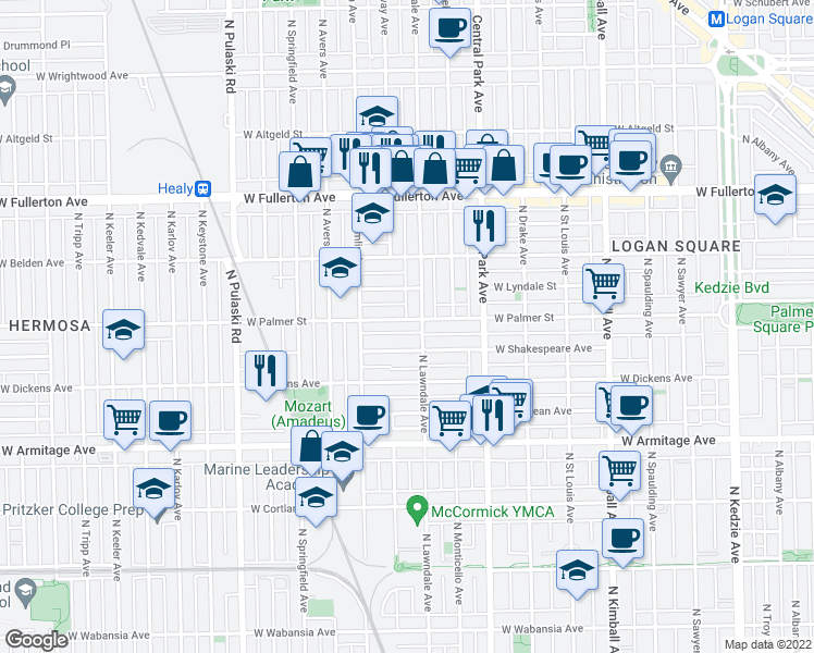 map of restaurants, bars, coffee shops, grocery stores, and more near in Chicago