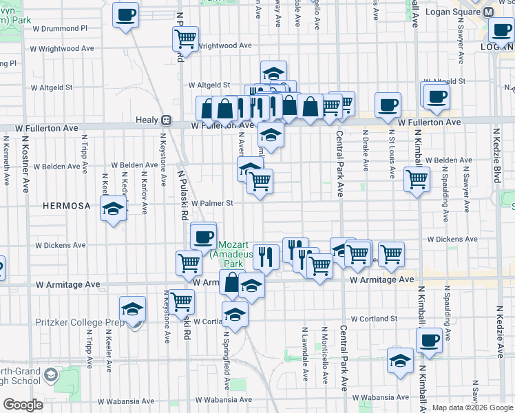 map of restaurants, bars, coffee shops, grocery stores, and more near 3755 West Palmer Street in Chicago