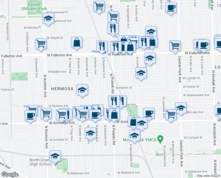 map of restaurants, bars, coffee shops, grocery stores, and more near 2151 North Keystone Avenue in Chicago