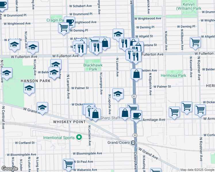 map of restaurants, bars, coffee shops, grocery stores, and more near 2158 North Laporte Avenue in Chicago