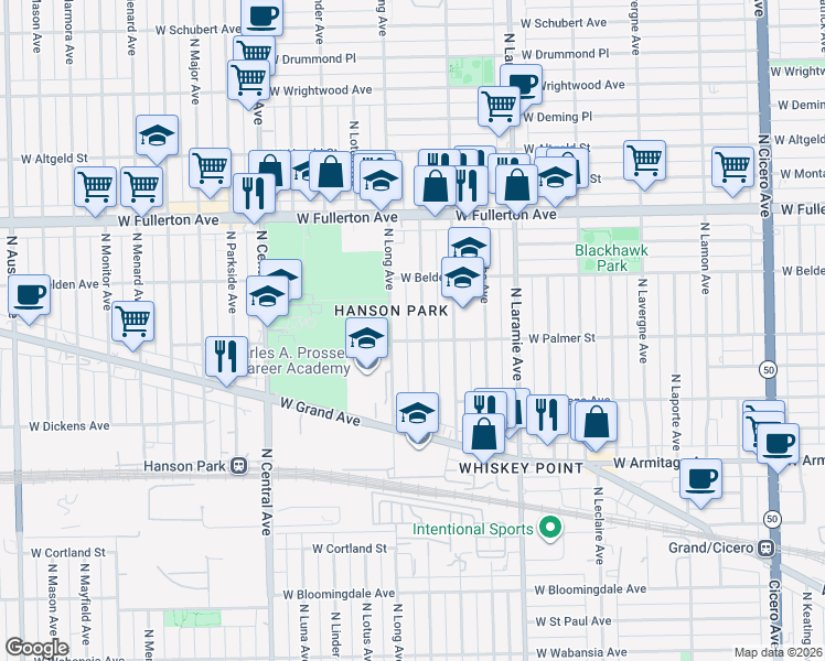 map of restaurants, bars, coffee shops, grocery stores, and more near 2201 North Long Avenue in Chicago