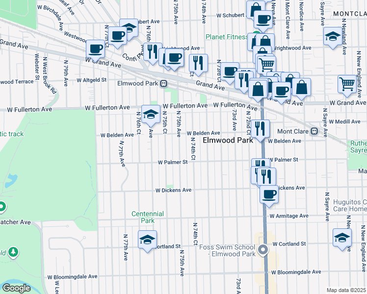 map of restaurants, bars, coffee shops, grocery stores, and more near 2219 North 75th Avenue in Elmwood Park