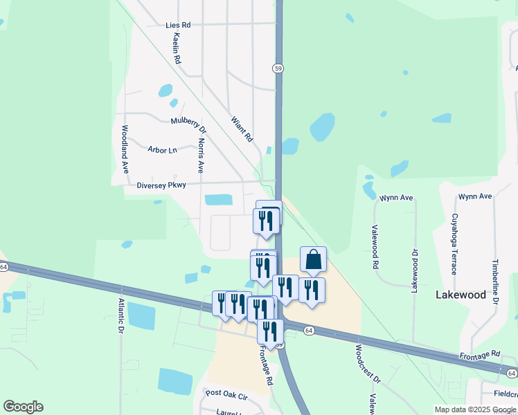 map of restaurants, bars, coffee shops, grocery stores, and more near 2105 Mulberry Drive in West Chicago