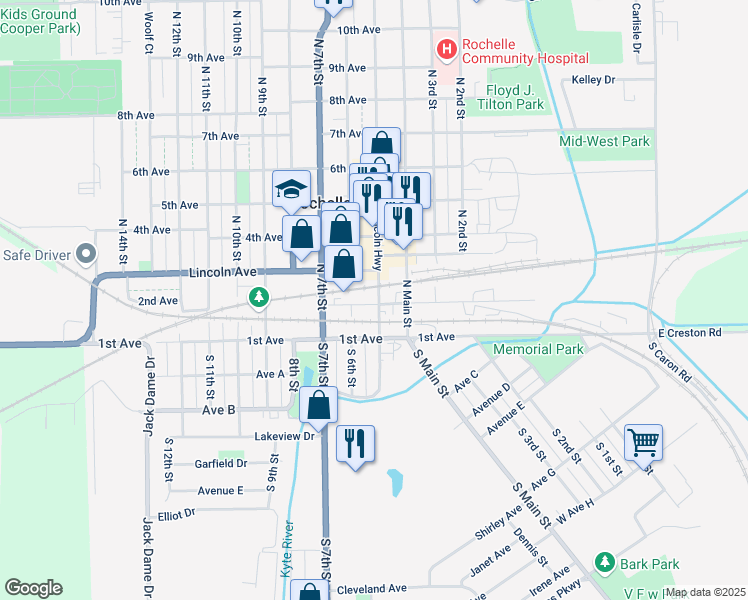 map of restaurants, bars, coffee shops, grocery stores, and more near 118 South Washington Street in Rochelle