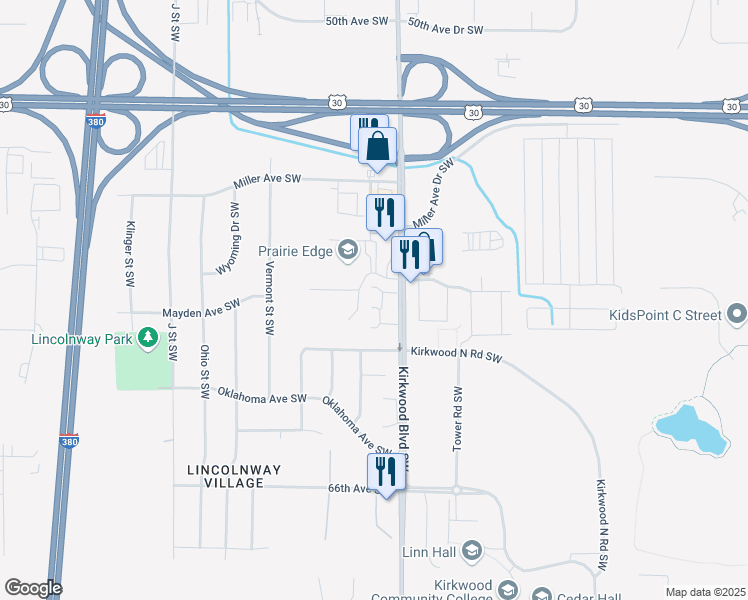 map of restaurants, bars, coffee shops, grocery stores, and more near 5502 Kirkwood Boulevard Southwest in Cedar Rapids
