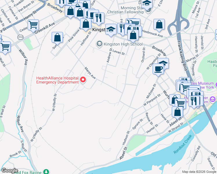 map of restaurants, bars, coffee shops, grocery stores, and more near 21 Marys Avenue in Kingston