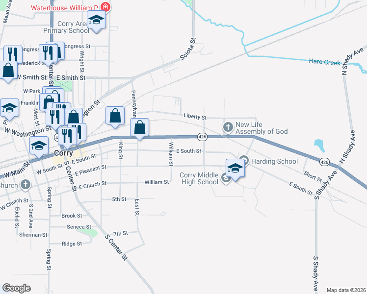 map of restaurants, bars, coffee shops, grocery stores, and more near 508-512 East South Street in Corry