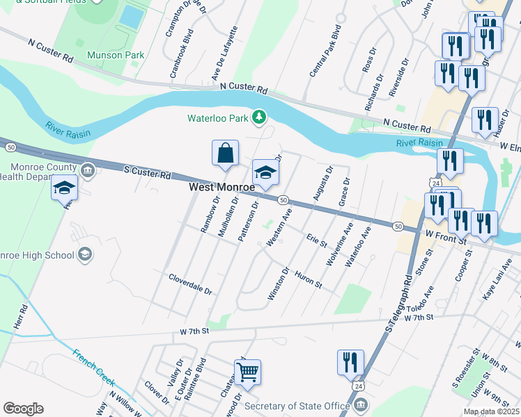 map of restaurants, bars, coffee shops, grocery stores, and more near 692 Patterson Drive in Monroe