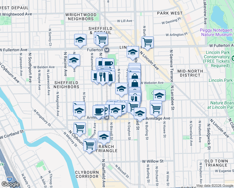 map of restaurants, bars, coffee shops, grocery stores, and more near 2118 North Fremont Street in Chicago