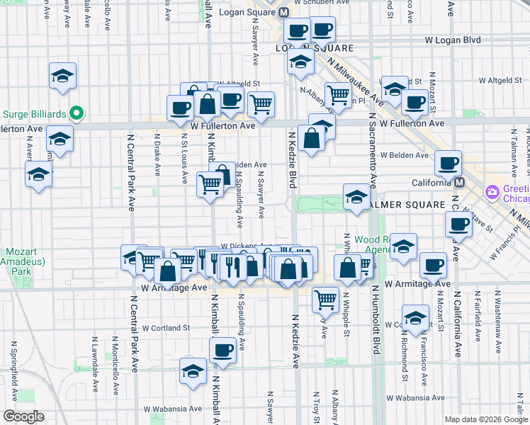 map of restaurants, bars, coffee shops, grocery stores, and more near 2136 North Sawyer Avenue in Chicago