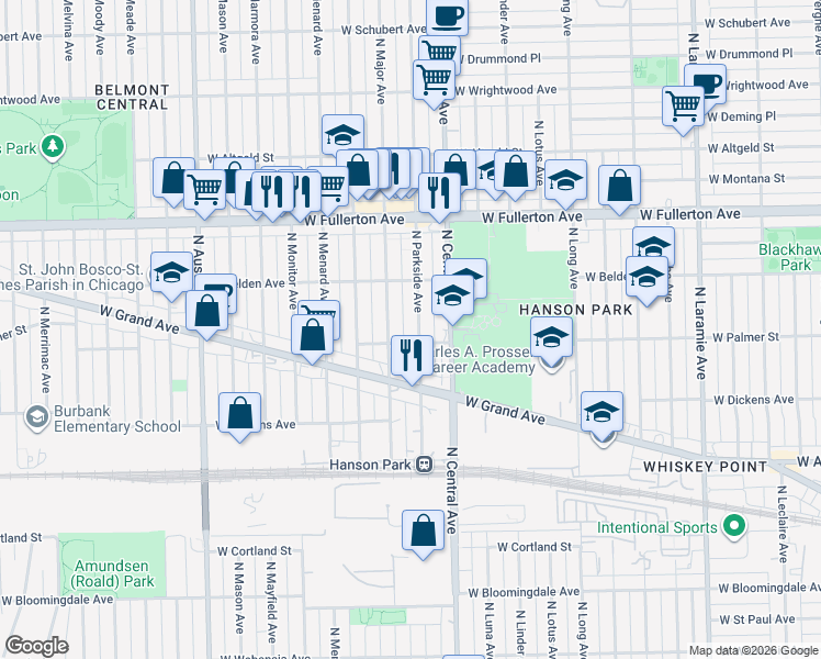 map of restaurants, bars, coffee shops, grocery stores, and more near 2205 North Major Avenue in Chicago